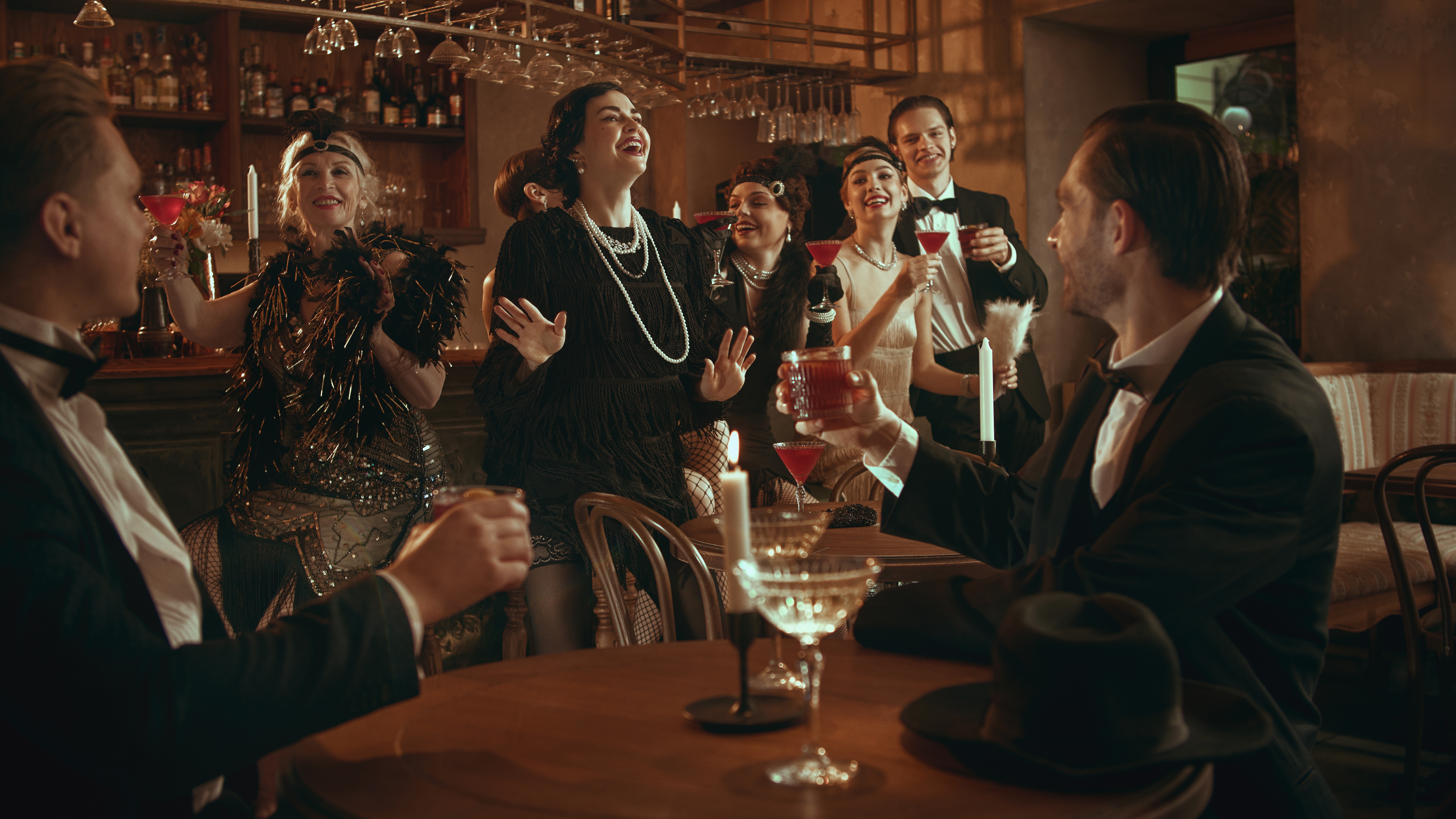 A lively speakeasy-style bar scene